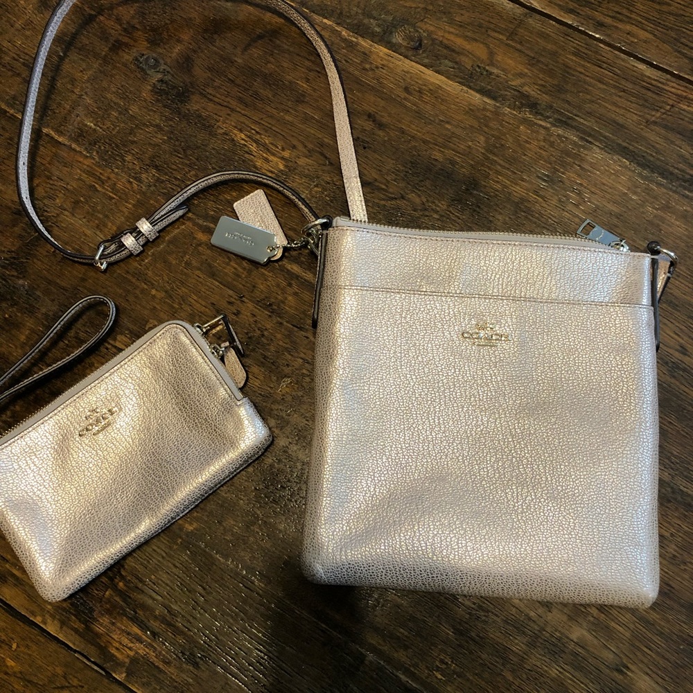 Gold Coach crossbody with matching wallet/wristlet